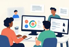 Uma ilustração estilizada mostrando a interface do aplicativo Figma em um laptop, com vários cursores de mouse coloridos colaborando em um design de interface de usuário, simbolizando trabalho em equipe e criatividade.