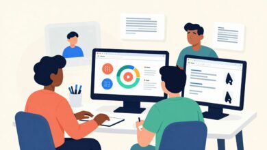 Uma ilustração estilizada mostrando a interface do aplicativo Figma em um laptop, com vários cursores de mouse coloridos colaborando em um design de interface de usuário, simbolizando trabalho em equipe e criatividade.
