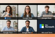 Uma colagem de logos de aplicativos de chamada de vídeo como Zoom, Google Meet e Microsoft Teams em um fundo tecnológico e vibrante, representando a comunicação digital.