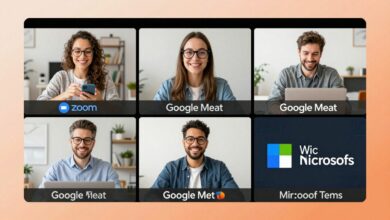 Uma colagem de logos de aplicativos de chamada de vídeo como Zoom, Google Meet e Microsoft Teams em um fundo tecnológico e vibrante, representando a comunicação digital.
