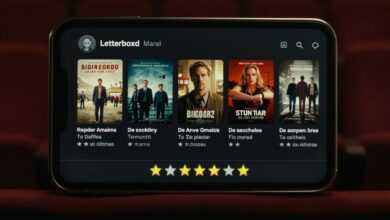 Um smartphone exibindo a interface do aplicativo Letterboxd, com pôsteres de filmes e o sistema de avaliação de cinco estrelas em destaque, sobre um fundo que remete a uma sala de cinema.
