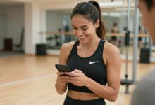 Uma pessoa sorrindo enquanto usa um smartphone com o aplicativo Nike Training Club aberto, vestindo roupas esportivas da Nike em um ambiente de treino moderno e iluminado.