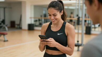 Uma pessoa sorrindo enquanto usa um smartphone com o aplicativo Nike Training Club aberto, vestindo roupas esportivas da Nike em um ambiente de treino moderno e iluminado.