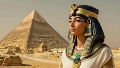 Uma representação artística e majestosa de Cleópatra VII, a última faraó do Egito, com traços helenísticos e egípcios, olhando com inteligência e poder para o horizonte, com as pirâmides ao fundo.