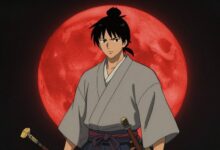 Uma ilustração estilizada de um antigo guerreiro japonês em silhueta contra uma lua vermelha, simbolizando mistério e poder.