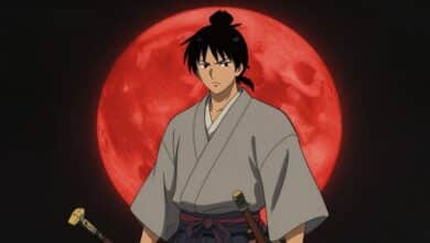 Uma ilustração estilizada de um antigo guerreiro japonês em silhueta contra uma lua vermelha, simbolizando mistério e poder.