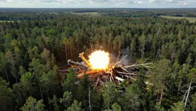 Uma visão artística da explosão de Tunguska sobre a vasta e densa floresta siberiana, com uma bola de fogo brilhante no céu e árvores sendo derrubadas pela onda de choque.