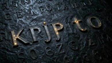Uma visão artística da escultura Kryptos da CIA, com letras de código brilhando em um fundo escuro e misterioso, simbolizando o enigma da criptografia.