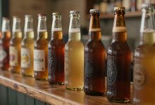 Uma fileira de copos de cerveja variados, mostrando diferentes cores e texturas, desde uma lager dourada e clara até uma stout escura e cremosa, em um balcão de bar de madeira rústica.