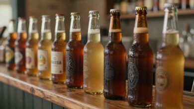 Uma fileira de copos de cerveja variados, mostrando diferentes cores e texturas, desde uma lager dourada e clara até uma stout escura e cremosa, em um balcão de bar de madeira rústica.