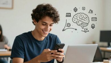Uma pessoa sorrindo enquanto usa um aplicativo de idiomas em seu smartphone, com ícones de diferentes línguas e um cérebro estilizado ao fundo, representando a aprendizagem.