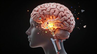 Uma representação artística de uma silhueta humana com um cérebro brilhante, de onde emanam fragmentos de sonhos coloridos e etéreos que se dissolvem no ar.