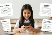 Um jovem estudante sorrindo enquanto usa um smartphone para acessar seu histórico acadêmico digital, com ícones de diplomas e gráficos flutuando ao redor.