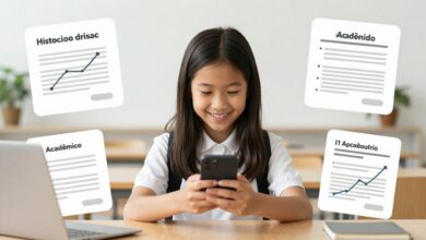 Um jovem estudante sorrindo enquanto usa um smartphone para acessar seu histórico acadêmico digital, com ícones de diplomas e gráficos flutuando ao redor.
