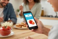 Uma pessoa sorrindo enquanto usa o aplicativo Cookpad em seu smartphone na cozinha, com ingredientes frescos e coloridos como tomates e manjericão ao redor.