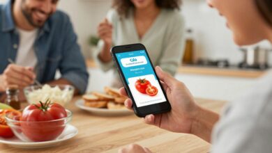 Uma pessoa sorrindo enquanto usa o aplicativo Cookpad em seu smartphone na cozinha, com ingredientes frescos e coloridos como tomates e manjericão ao redor.