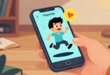 Uma ilustração vibrante de um smartphone exibindo a interface do aplicativo FlipaClip, com um personagem de desenho animado saltando para fora da tela, cercado por ferramentas de desenho e animação.