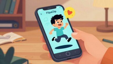 Uma ilustração vibrante de um smartphone exibindo a interface do aplicativo FlipaClip, com um personagem de desenho animado saltando para fora da tela, cercado por ferramentas de desenho e animação.