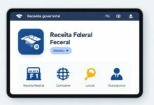 Uma representação visual moderna e profissional de uma interface de aplicativo governamental em uma tela de smartphone, com elementos tecnológicos e digitais simbolizando a Receita Federal.