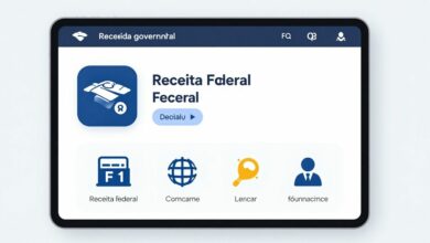Uma representação visual moderna e profissional de uma interface de aplicativo governamental em uma tela de smartphone, com elementos tecnológicos e digitais simbolizando a Receita Federal.
