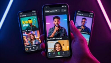 Uma colagem vibrante de telas de smartphone exibindo a interface do aplicativo Kwai, com vídeos curtos e criativos, sobre um fundo de luzes de néon coloridas que representam a viralidade e a criatividade digital.