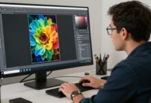 Um fotógrafo profissional editando uma imagem vibrante em um computador moderno com o software Lightroom aberto, exibindo ferramentas de ajuste de cor e luz
