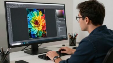 Um fotógrafo profissional editando uma imagem vibrante em um computador moderno com o software Lightroom aberto, exibindo ferramentas de ajuste de cor e luz