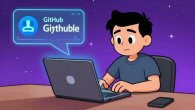 Um polvo de desenho animado, o mascote do GitHub, trabalhando em um laptop com linhas de código flutuando ao redor, em um fundo de galáxia digital.
