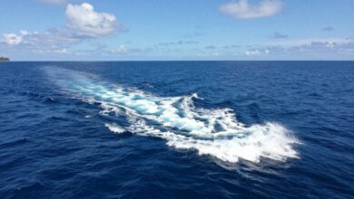 Uma vista aérea deslumbrante de um oceano azul profundo com ondas espumantes, representando a vasta e misteriosa natureza dos mares.