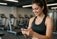 Uma pessoa sorridente e saudável olhando para seu smartphone com o aplicativo Befit aberto, mostrando um plano de treino, com um fundo de academia moderno e iluminado.