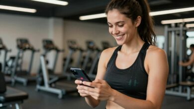Uma pessoa sorridente e saudável olhando para seu smartphone com o aplicativo Befit aberto, mostrando um plano de treino, com um fundo de academia moderno e iluminado.