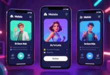 Um smartphone exibindo a interface vibrante e futurista do aplicativo Melolo, com ícones de jogos e redes sociais flutuando ao redor em um fundo de néon.