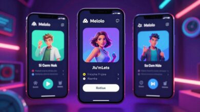 Um smartphone exibindo a interface vibrante e futurista do aplicativo Melolo, com ícones de jogos e redes sociais flutuando ao redor em um fundo de néon.