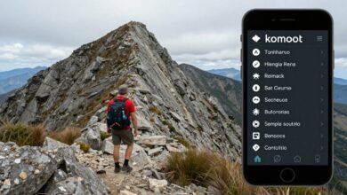 Um aventureiro no cume de uma montanha ao amanhecer, consultando um percurso de trilha em seu smartphone, que exibe a interface do aplicativo komoot.