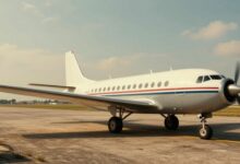 Uma representação histórica e artística da evolução da aviação, combinando desenhos antigos do 14-Bis e aviões modernos de passageiros cruzando um céu vibrante ao pôr do sol.