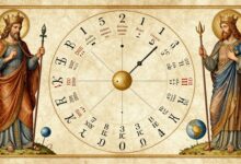 Uma representação artística e conceitual que mistura elementos astronômicos, símbolos religiosos medievais e um calendário antigo, evocando o mistério da passagem do tempo e as origens linguísticas dos nomes dos dias da semana.