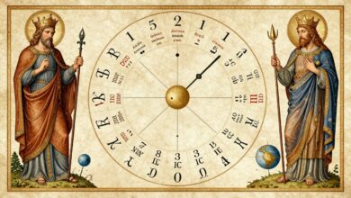 Uma representação artística e conceitual que mistura elementos astronômicos, símbolos religiosos medievais e um calendário antigo, evocando o mistério da passagem do tempo e as origens linguísticas dos nomes dos dias da semana.