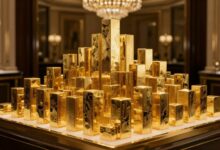 Uma representação visual elegante de barras de ouro empilhadas destacando-se em um ambiente luxuoso e moderno, simbolizando riqueza e estabilidade econômica.