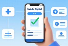 Uma ilustração conceitual de saúde digital mostrando um smartphone com ícones de saúde e prontuários médicos flutuando, representando a integração do SUS com a tecnologia moderna.
