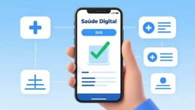 Uma ilustração conceitual de saúde digital mostrando um smartphone com ícones de saúde e prontuários médicos flutuando, representando a integração do SUS com a tecnologia moderna.