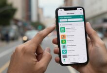 Pessoa segurando um smartphone com o mapa de transporte público brasileiro destacado em uma cena urbana moderna