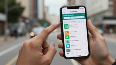 Pessoa segurando um smartphone com o mapa de transporte público brasileiro destacado em uma cena urbana moderna