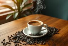 Uma xícara de café fumegante sobre uma mesa de madeira com grãos de café espalhados artisticamente ao redor, em um ambiente aconchegante e bem iluminado.