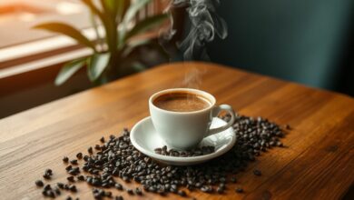 Uma xícara de café fumegante sobre uma mesa de madeira com grãos de café espalhados artisticamente ao redor, em um ambiente aconchegante e bem iluminado.