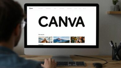 Uma representação visual moderna mostrando a interface do Canva sendo utilizada para criar artes gráficas digitais em um ambiente produtivo.