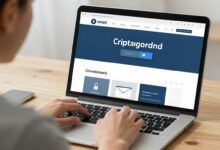Pessoa usando um notebook com interface de e-mail criptografado, cadeado digital e elementos visuais que representam privacidade e proteção de dados