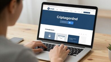 Pessoa usando um notebook com interface de e-mail criptografado, cadeado digital e elementos visuais que representam privacidade e proteção de dados