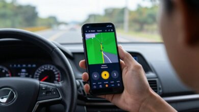 Motorista atento dirigindo em uma rodovia urbana ao entardecer, com smartphone exibindo alertas de trânsito e radares em tempo real no painel do carro