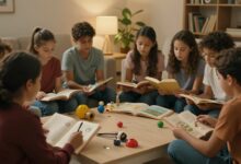 Família brasileira reunida em um ambiente acolhedor durante a leitura de uma história infantil interativa, com sons e elementos imaginativos ao redor