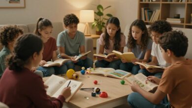 Família brasileira reunida em um ambiente acolhedor durante a leitura de uma história infantil interativa, com sons e elementos imaginativos ao redor